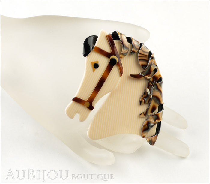 Lea Stein Butter The Horse Head Brooch Pin Cream Pinstripes Abalone Mannequin