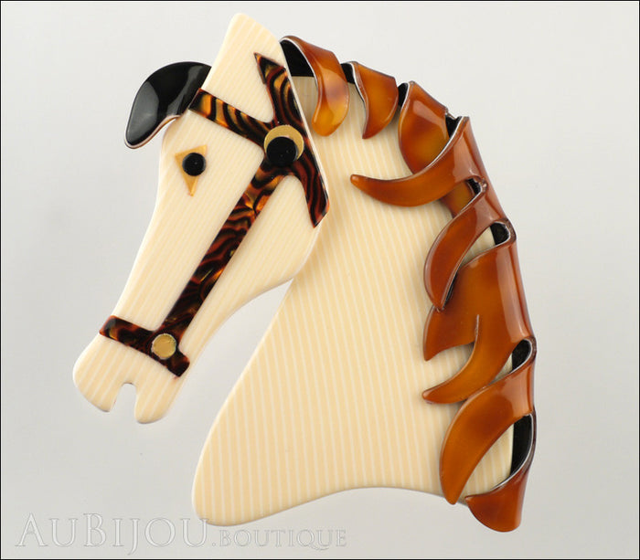 Lea Stein Butter The Horse Head Brooch Pin Cream Pinstripes Caramel Front