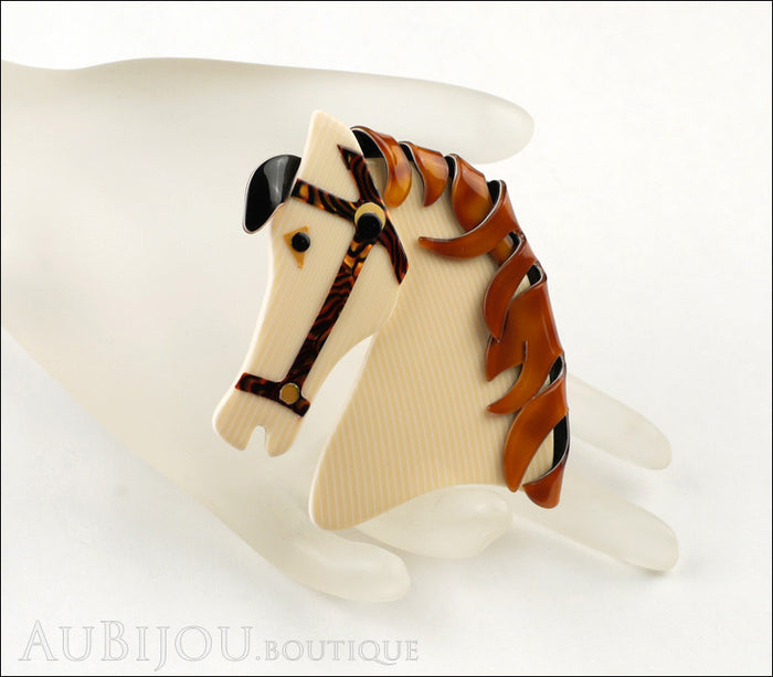 Lea Stein Butter The Horse Head Brooch Pin Cream Pinstripes Caramel Mannequin