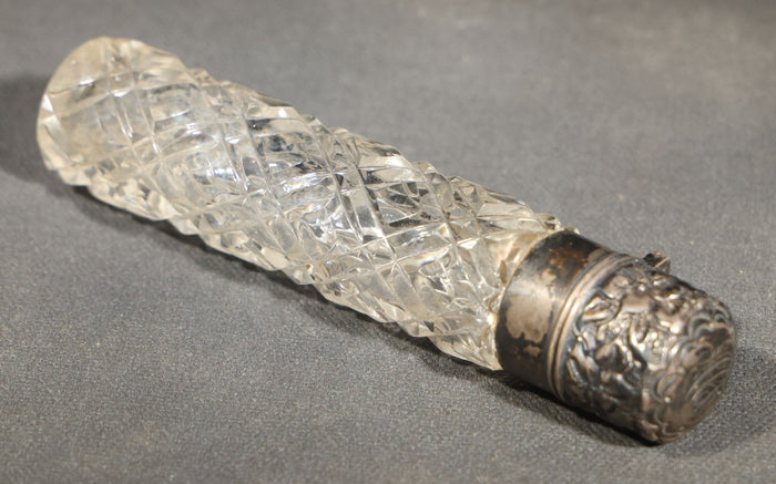 Antique Cut Glass Scent Bottle with Repousse Sterling Silver Cap