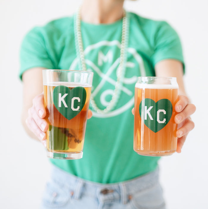 Made in KC x Charlie Hustle KC Heart Pint Glass: Green/White