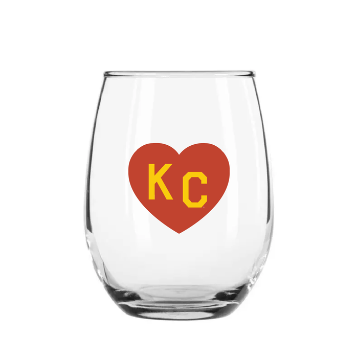 Made in KC x Charlie Hustle KC Heart Stemless Wine Glass: Red/Yellow
