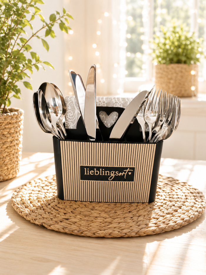 Besteckkasten mit Herzgriff – Besteckhalter mit Wunschfront von CozyLabs Design