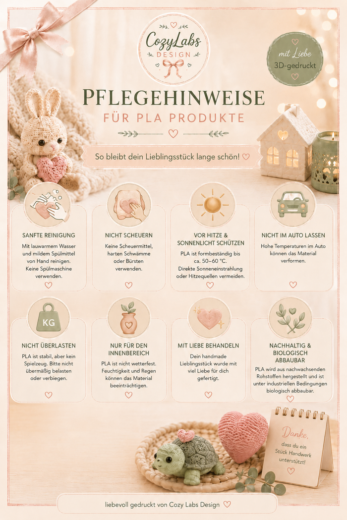 Pflegehinweise für PLA Produkte von CozyLabs Design