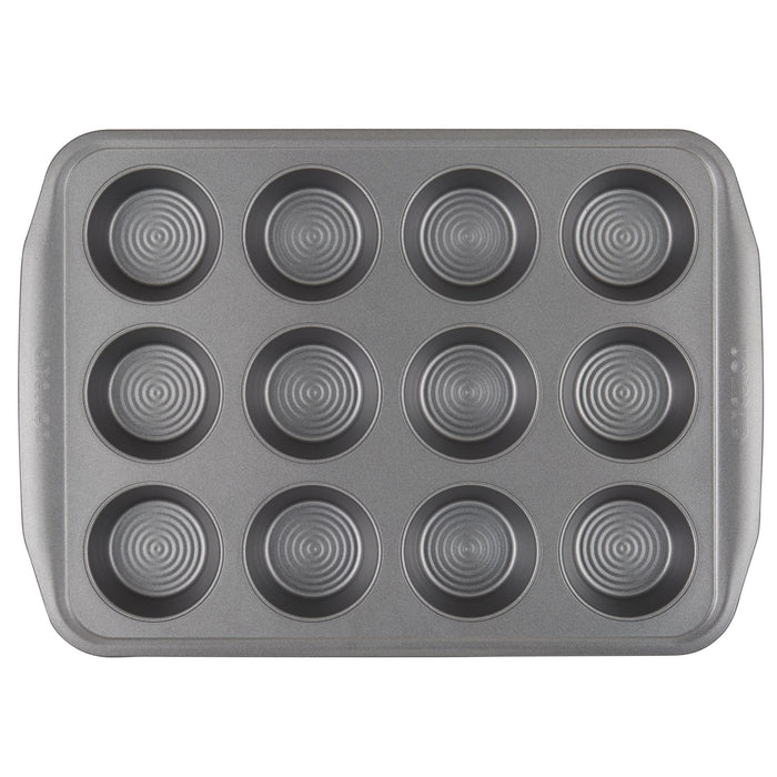 A top-view of a 12-cup Nonstick Muffin Pan that is oven-safe.
