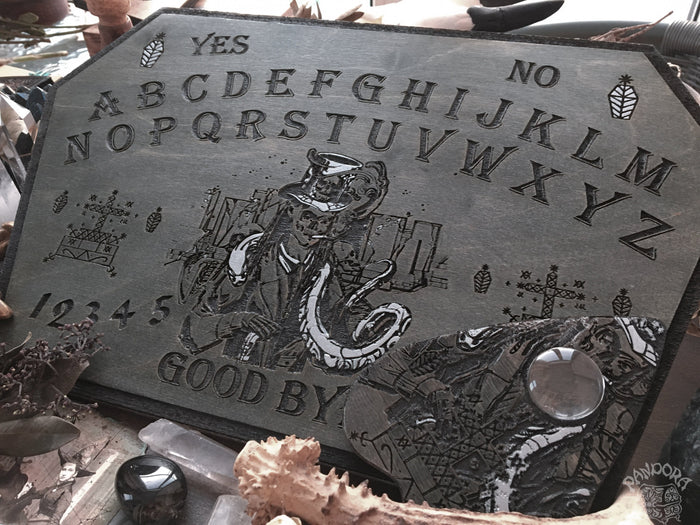 Wooden Ouija Board, Witch Board, Talking Board for calling spirits with Voodoo Veve Baron Samedi