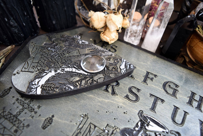 Wooden Ouija Board, Witch Board, Talking Board for calling spirits with Voodoo Veve Baron Samedi