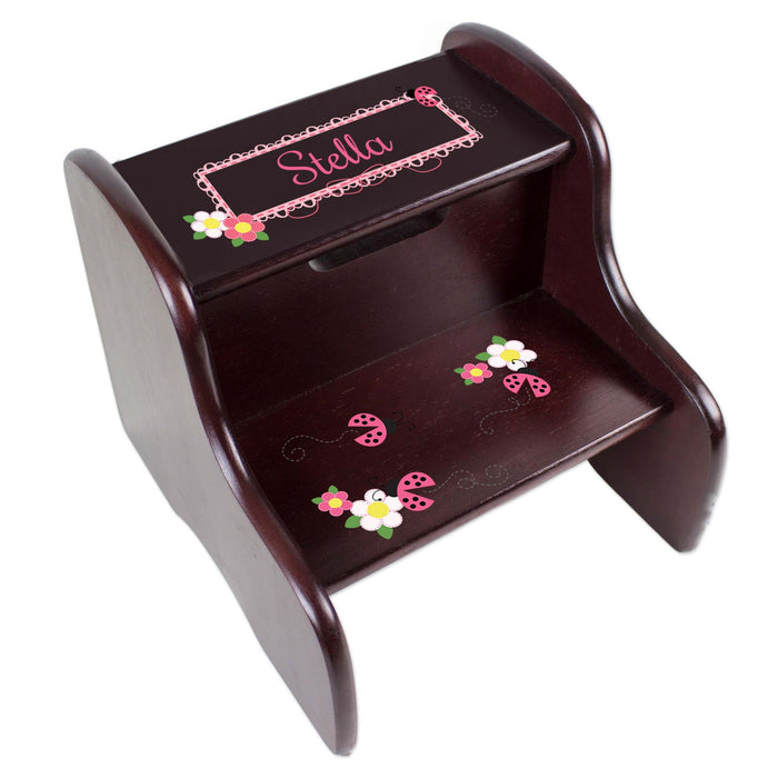 Personalized Pink Ladybug Espresso Two Step Stool
