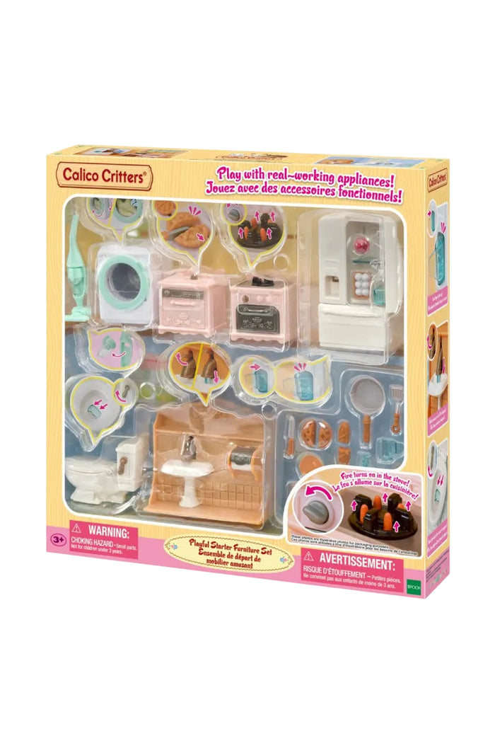 Calico Critters Playful Starter Furniture Set in its original retail packaging, featuring a multi-piece toy bathroom set with functional pretend appliances.