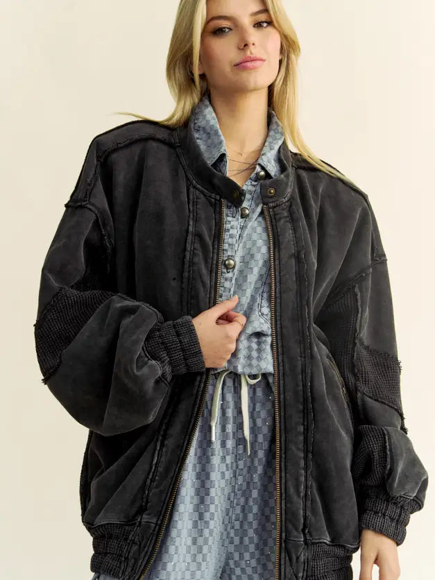 Raw Edge Waffle Framed Zip Front Fleece Jacket