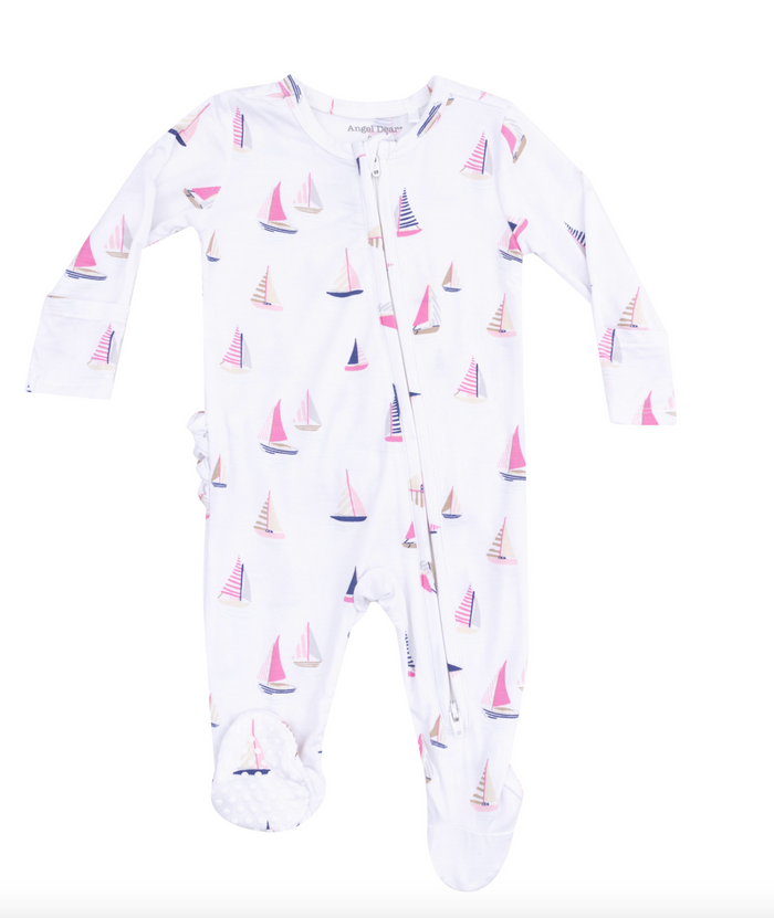 Sailboats 2 Way Zipper Ruffle Back Footie- Girl