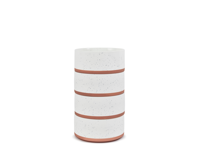 Side Bowls feature a white ceramic body with a speckled texture and three terracotta-colored bands, reminiscent of hand-painted designs, displayed against a plain white background.