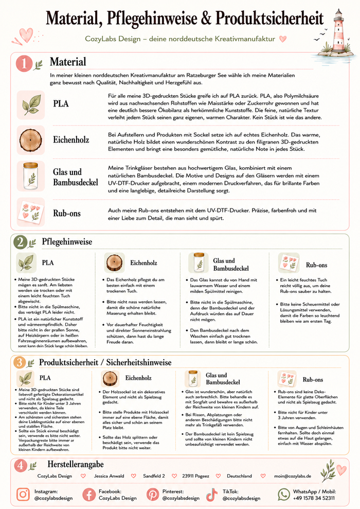 Material, Pflegehinweise und Produktsicherheit von CozyLabs Design