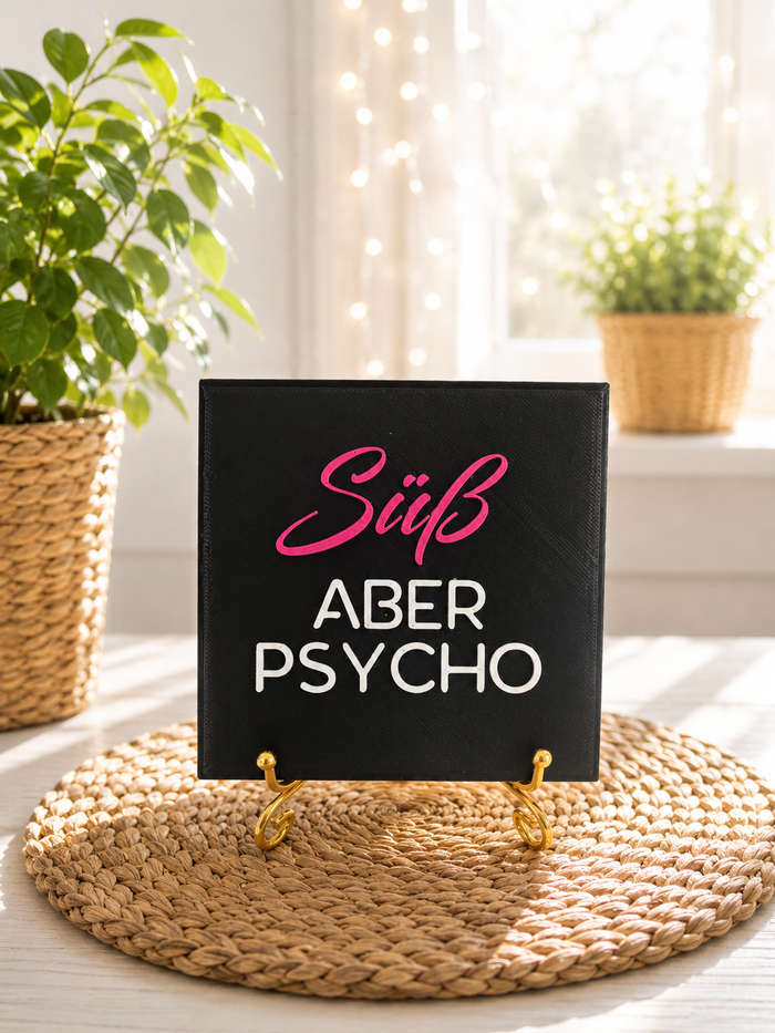Sprüchekachel „Süß aber Psycho“ von CozyLabs Design, dekorative Geschenk- und Mitbringsel-Kachel