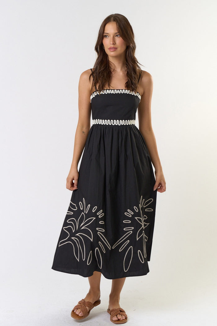 The Arabella Black Embroidered Midi Dress