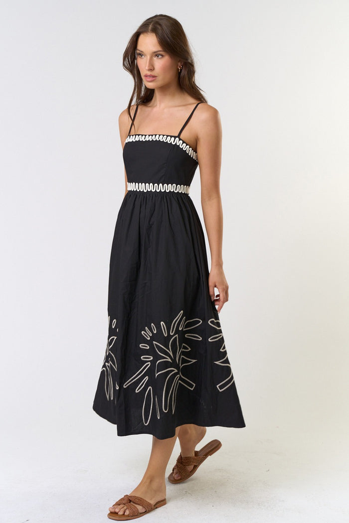 The Arabella Black Embroidered Midi Dress