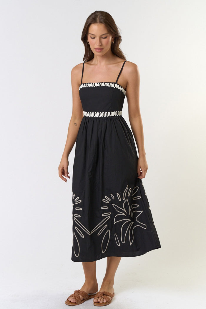 The Arabella Black Embroidered Midi Dress