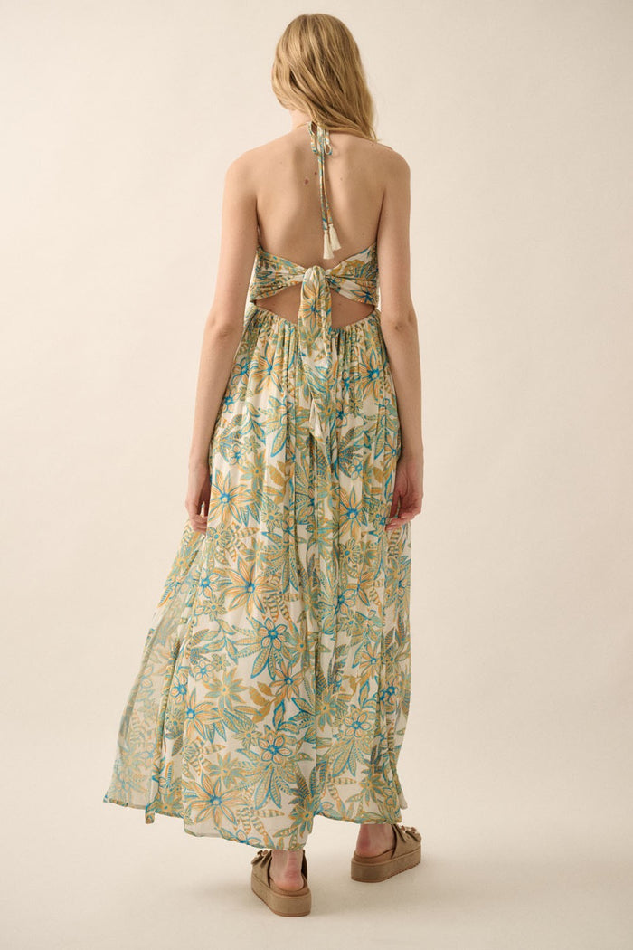 The Celosia Floral Halter Maxi Dress