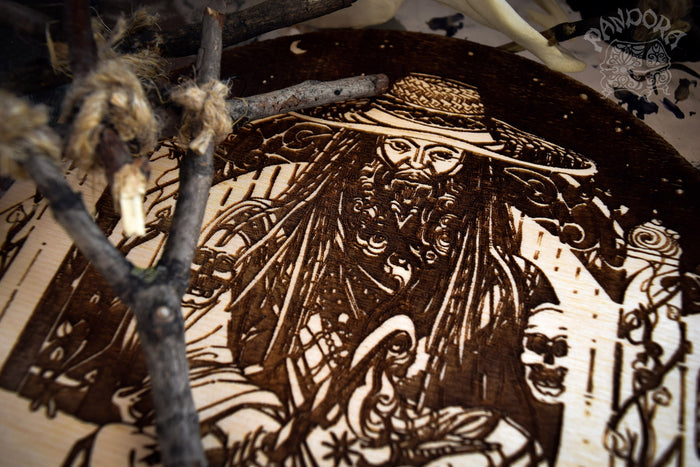 Wooden pentacle with engraving Papa Legba and his Veve. Papa Legba - Lord of spiritual crossroads - Loa from Haitian Vodou (voodoo) who serves as the intermediary between the loa and humanity.