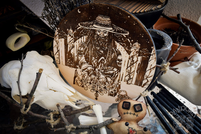 Wooden pentacle with engraving Papa Legba and his Veve. Papa Legba - Lord of spiritual crossroads - Loa from Haitian Vodou (voodoo) who serves as the intermediary between the loa and humanity.