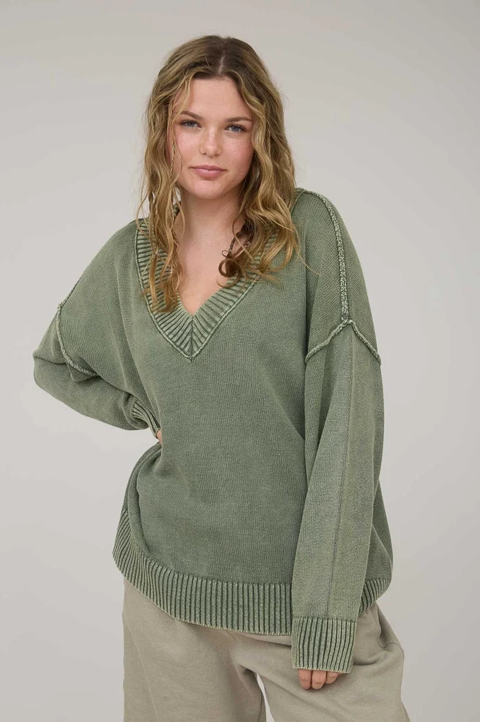 Washed V Neck Long Sleeve Oversized Knit Sweater