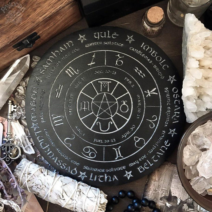 Wooden Wheel of the Year - calendar of pagan festivals and seasonal sabbaths: Yule, Imbolc, Ostara, Beltane, Litha, Lammas, Mabon, Samhain.