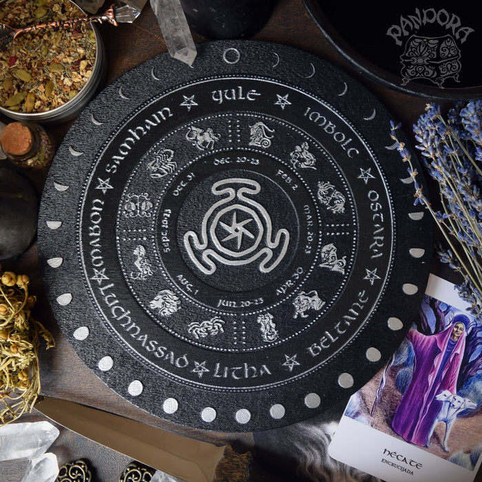 Wooden Wheel of the Year - calendar of pagan festivals and seasonal sabbaths: Yule, Imbolc, Ostara, Beltane, Litha, Lammas, Mabon, Samhain.