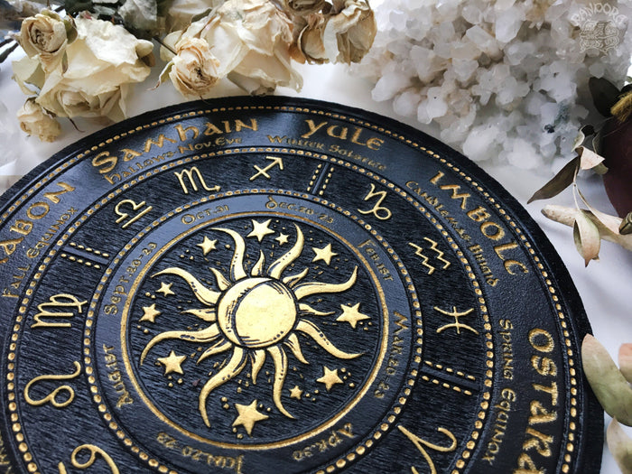 Wooden Wheel of the Year - calendar of pagan festivals and seasonal sabbaths: Yule, Imbolc, Ostara, Beltane, Litha, Lammas, Mabon, Samhain.