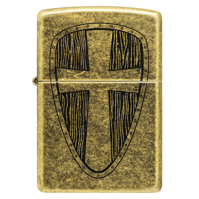 Zippo Lighter: Medieval Shield Design - Antique Brass 47260