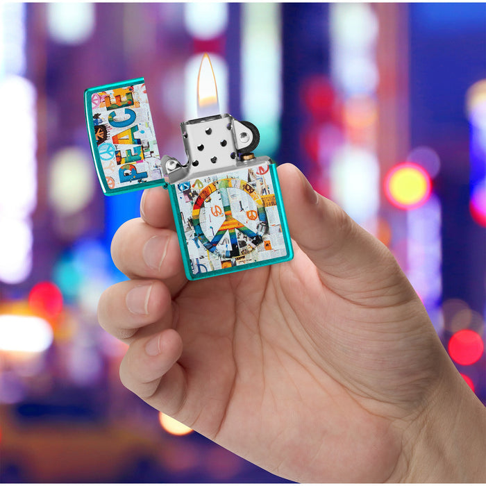 Zippo Lighter: Peace Collage Design - Candy Teal 47264