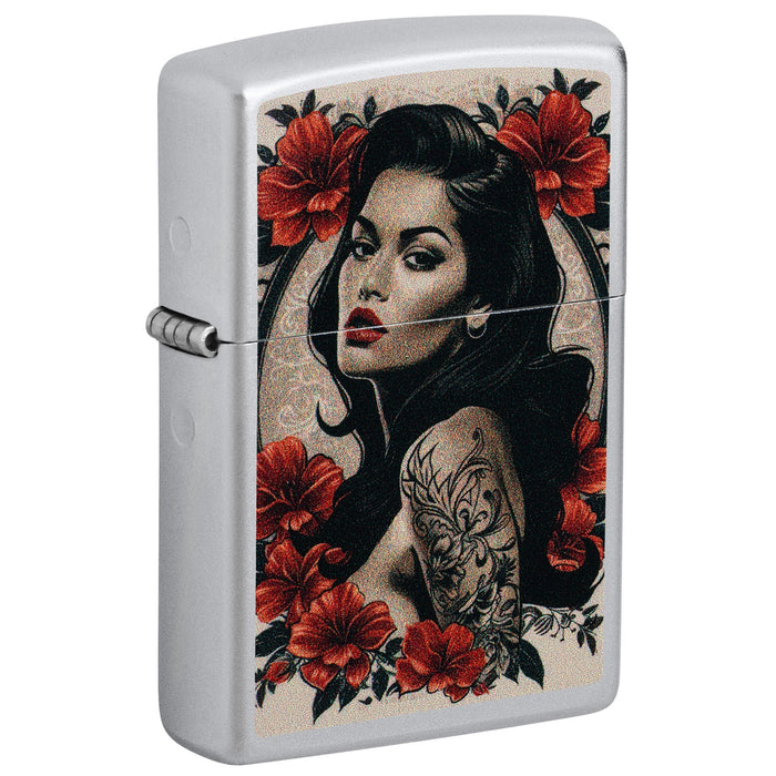 Zippo Lighter: Pinup Tattoo Design - Satin Chrome 47265