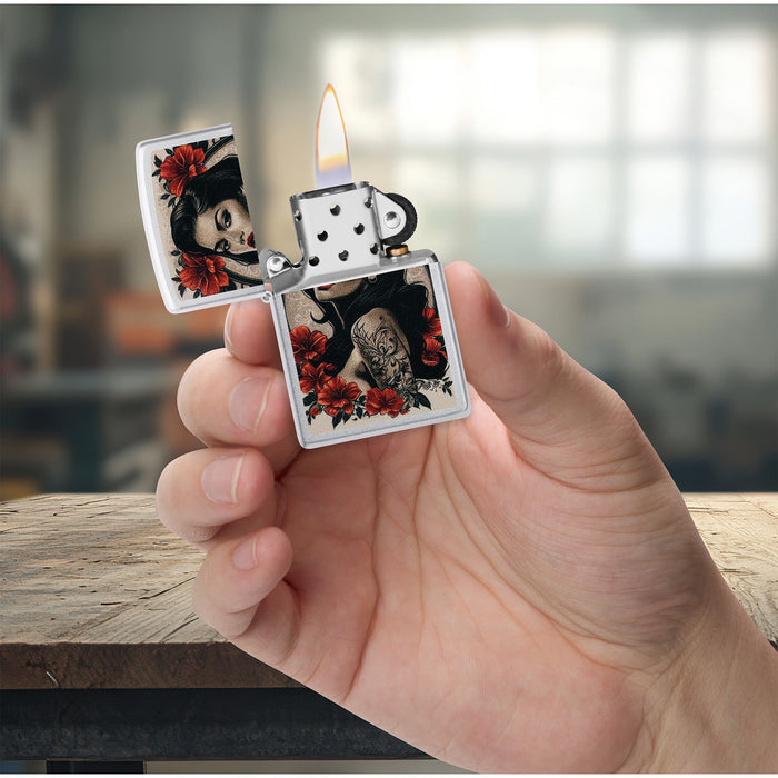 Zippo Lighter: Pinup Tattoo Design - Satin Chrome 47265