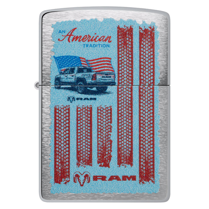 Zippo Lighter: Ram Truck with Flag Design - Brushed Chrome 47407
