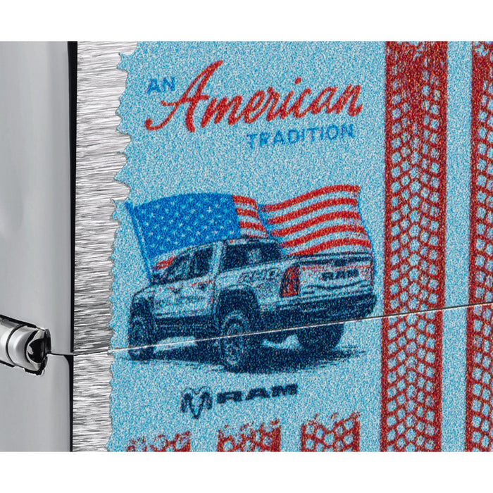 Zippo Lighter: Ram Truck with Flag Design - Brushed Chrome 47407