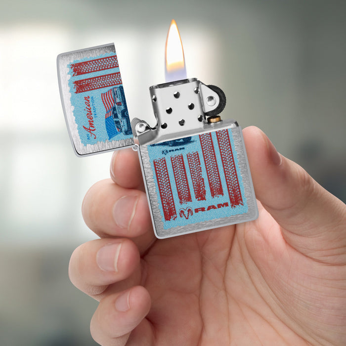 Zippo Lighter: Ram Truck with Flag Design - Brushed Chrome 47407