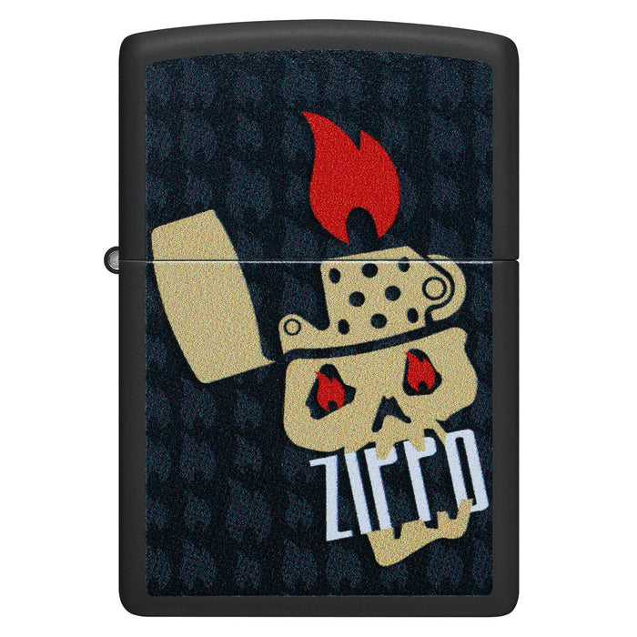 Zippo Lighter: Skull and Flames Design - Black Matte 47256