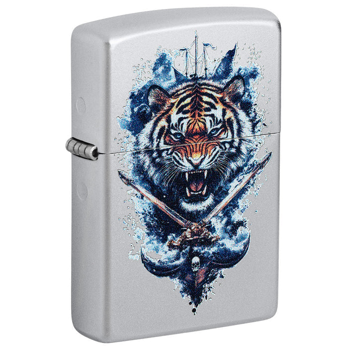 Zippo Lighter: Tiger Crest Design - Satin Chrome 47020
