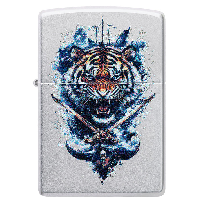 Zippo Lighter: Tiger Crest Design - Satin Chrome 47020