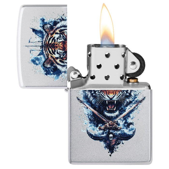 Zippo Lighter: Tiger Crest Design - Satin Chrome 47020