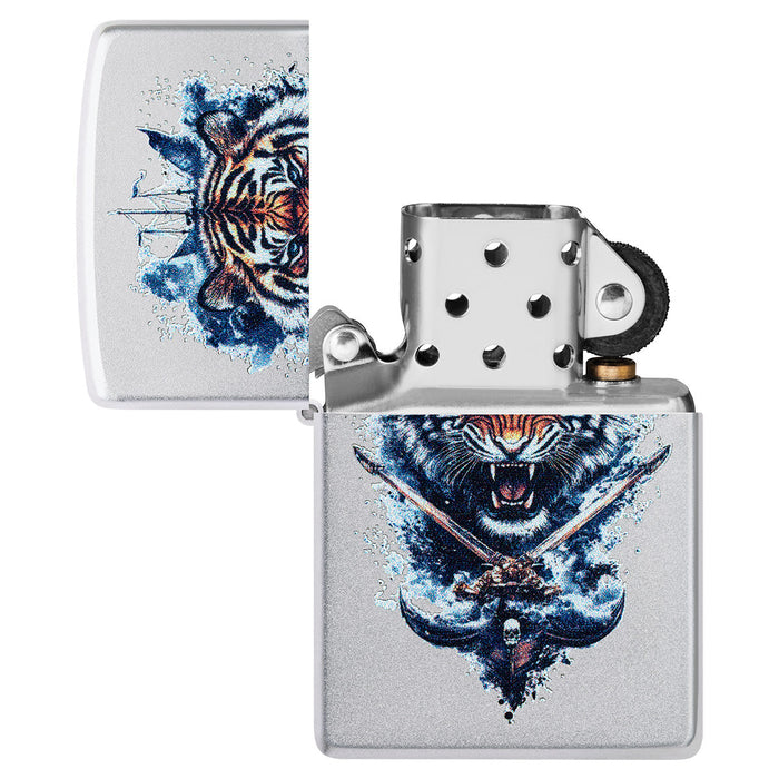Zippo Lighter: Tiger Crest Design - Satin Chrome 47020